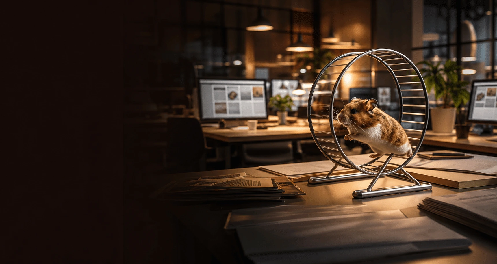 A realistic hamster running on a wheel in a warm office setting